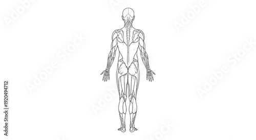 Detailed anatomical chart displaying the human muscular system from a rear view rendered as a silhouette high quality professional