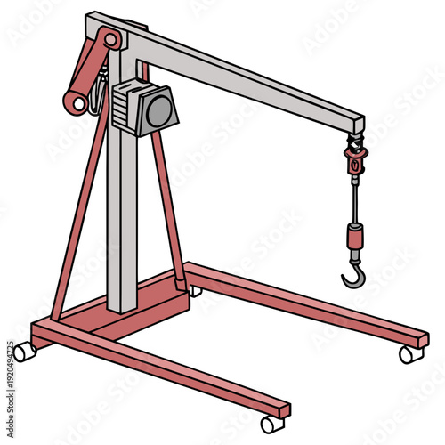 Simple Engine Hoist Crane Vector Illustration: Automotive Lifting Tool in Red and Grey for Mechanics and Workshop Operations