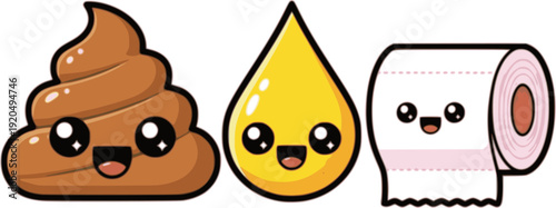 Cute cartoon poop, pee and toiler paper characters, children potty training mascots. Pile of feces, drop of urine and tissue roll with funny faces. Vector clip art illustration set.