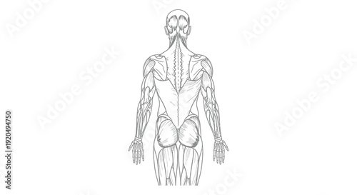 Detailed anatomical illustration of the human back muscles and skeletal structure presented as a silhouette high quality professional detailed