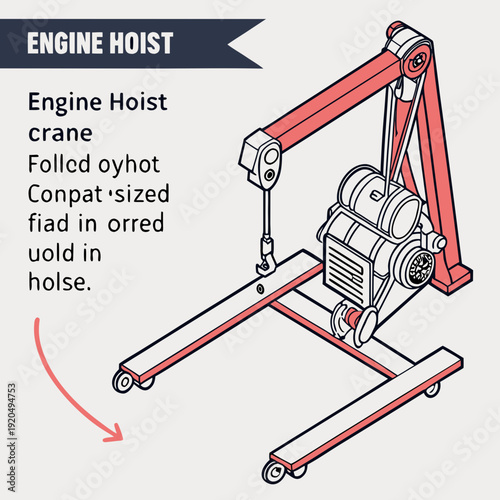 Red Engine Hoist Crane Vector Illustration: Heavy-Duty Lifting Equipment for Automotive Repair, Workshop Use, and Vehicle Maintenance