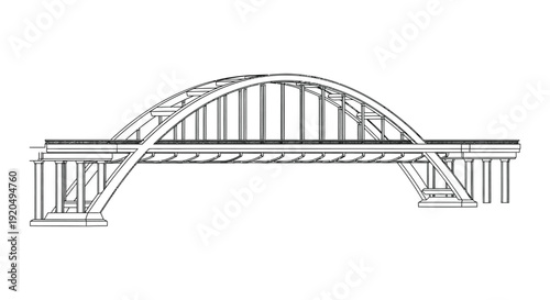 A detailed line drawing portrays a symmetrical bridge structure with arched supports and a flat deck silhouette high quality