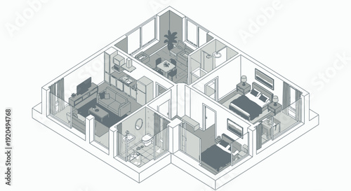 Detailed Isometric View of a Furnished Apartment Interior Plan with Living Room and Bedroom on Isolated White Background