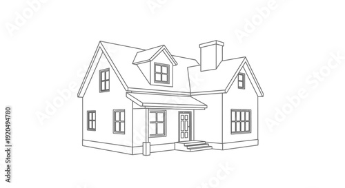 Outline Drawing of a Two-Story Residential House with Gable Roof and Porch on Isolated White Background