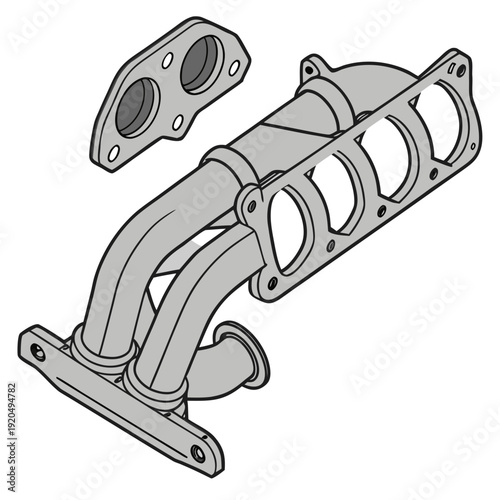 Isometric Line Art of Automotive Exhaust Manifold Assembly with Gasket Components, Car Engine Part Illustration for Repair and Maintenance Concepts