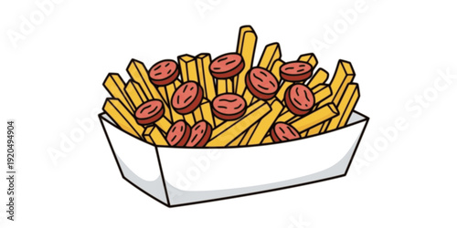 Salchipapas, traditional South American fast food in takeout box. Potato french fries with sliced sausages. Isolated vector clipart illustration
