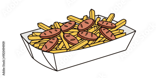 Salchipapas, traditional South American fast food in takeout box. Potato french fries with sliced sausages. Isolated vector clipart illustration
