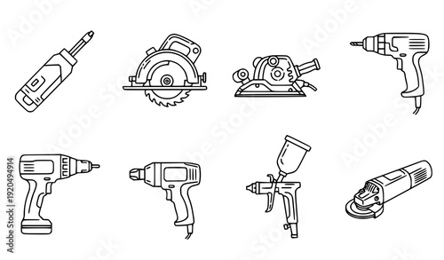 Industrial Power Tool Line Icon Collection Blueprint Style Editable Stroke Vector on White Background