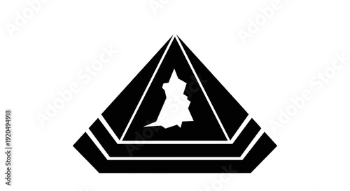 A black and white logo featuring a stylized figure within a triangular emblem, with additional horizontal bars below, creating a modern and abstract design.