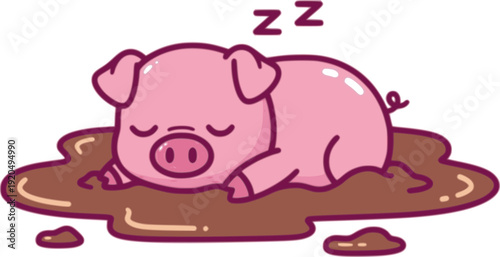 Funny cartoon pig in mud drawing. Cute dirty piggy sleeping in muddy puddle. Simple vector illustration.
