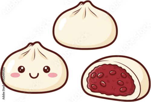 Baozi, dim sum, xiaolongbao. Traditional Chinese dumpling with kawaii face and cross section showing filling. Asian food vector illustration.
