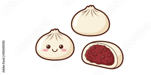 Baozi, dim sum, xiaolongbao. Traditional Chinese dumpling with kawaii face and cross section showing filling. Asian food vector illustration.
