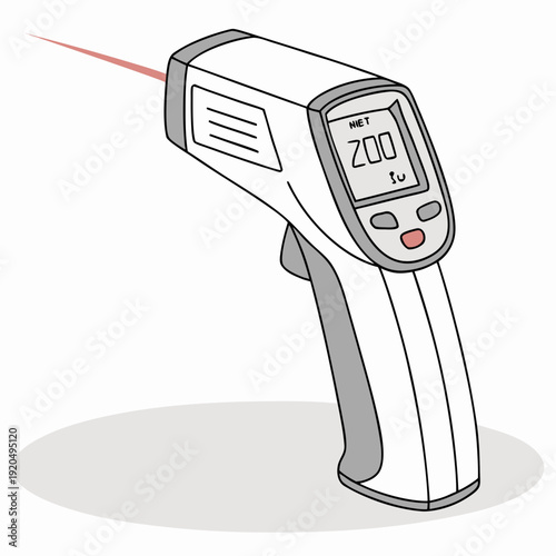 Non-contact infrared thermometer illustration emitting a red laser beam, perfect for health checks, fever screening, and modern medical technology concepts.