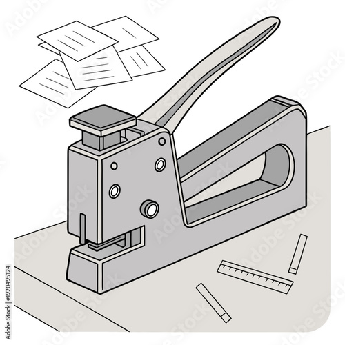 Industrial staple gun illustration with a stack of papers and loose staples, depicting office work, DIY projects, and fastening tasks.