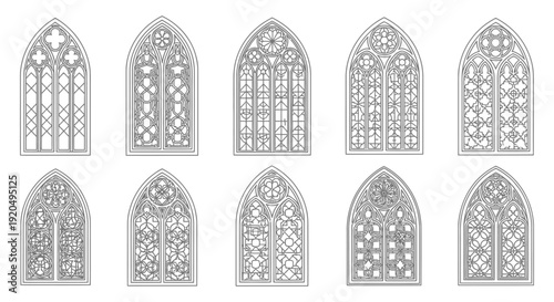 Collection of ten intricate gothic arched windows with detailed tracery designs.
