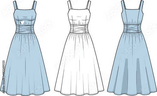 Women Square Neck Sleeveless Midi Dress Technical Fashion Vector Flat Sketch Illustration with Ruched Waistband and Flared Skirt Design