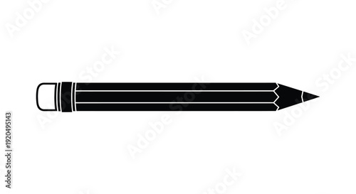 A stark black silhouette of a standard wooden pencil lies horizontally against a plain white background silhouette high quality