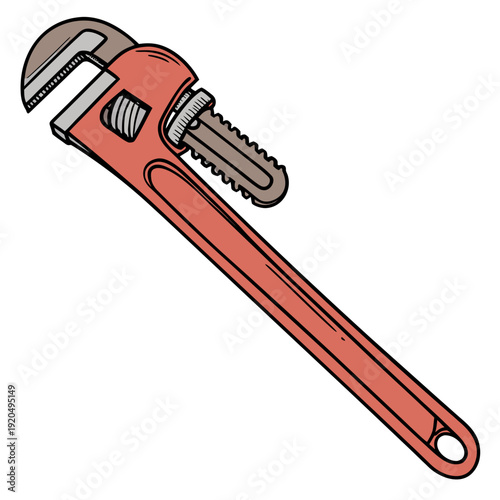 Traditional pipe wrench illustration with a warm brown-red handle and brownish jaws, ideal for themes of plumbing, mechanical work, and industrial repairs.