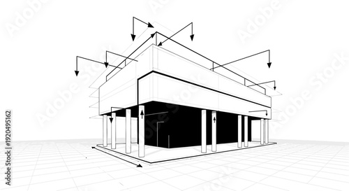 Architectural blueprint rendering of a modern building with wireframe lines and measurement indicators on a grid background.
