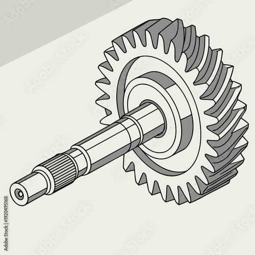 Detailed isometric illustration of a helical gear and shaft, representing precision engineering, mechanical components, and industrial power transmission systems.