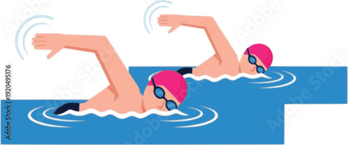 two swimming, flat illustration. Male and female freestyle swimmers, simple cartoon style.

