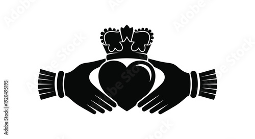 A striking black silhouette depicts clasped hands holding a heart surmounted by a crown silhouette high quality professional detailed