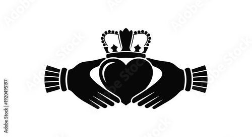 A striking black design showcases two hands clasping a heart crowned with a regal crown silhouette high quality professional