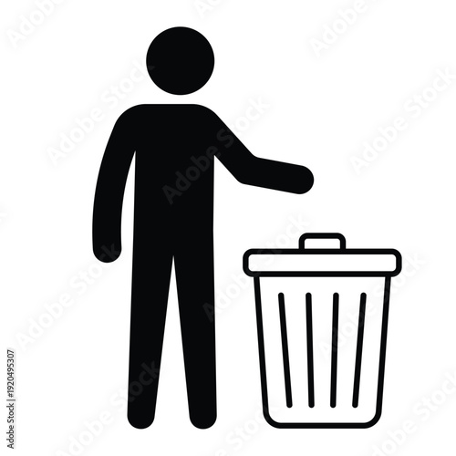Black silhouette icon showing a person disposing of waste in a trash can with an open lid. Professional graphic for sanitation and housekeeping.