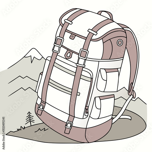 Isometric Hiking Backpack Illustration with Mountain Landscape Background for Outdoor Adventure and Travel Concepts
