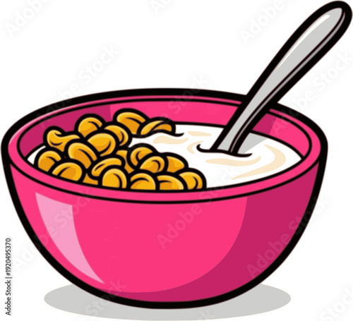 Cornflakes breakfast bowl drawing. Traditional cereal with milk, clip art illustration
