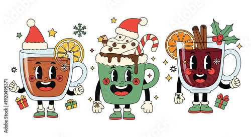 Festive winter drinks including hot chocolate and mulled wine are personified in this charming illustration silhouette high quality professional detailed modern