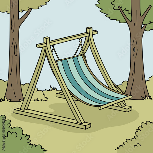 Relaxing Hammock with Wooden Stand under Shady Trees, a Cartoon Illustration of Outdoor Leisure and Summer Comfort in Nature