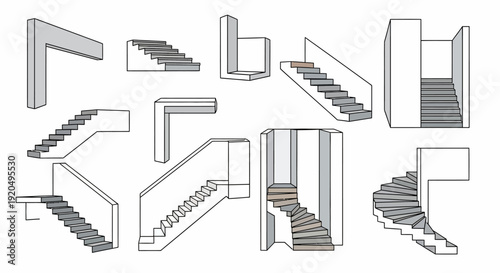 Collection of Diverse Staircase Designs: Modern, Spiral, Straight, L-Shaped