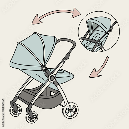 Modern Baby Stroller with Convertible Seat and Bassinet Modes Shown with Arrows, Parenting and Infant Mobility Illustration