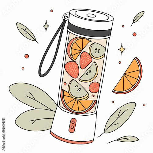 Vibrant Illustration of a Portable Blender Filled with Fresh Fruit and Leaves, Perfect for Healthy Smoothies On-the-Go
