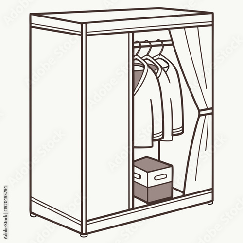 Simple Line Art Illustration of a Portable Fabric Wardrobe Closet with Hanging Clothes and a Storage Box Inside