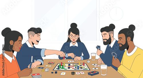 A diverse group of friends enjoy a board game together in a cozy brightly lit room silhouette high quality professional detailed