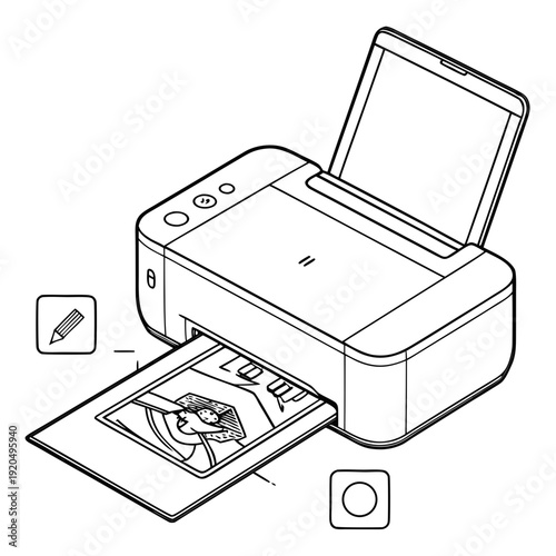 Isometric Line Art Vector Illustration of a Compact Photo Printer Printing a Picture with Editing Icons