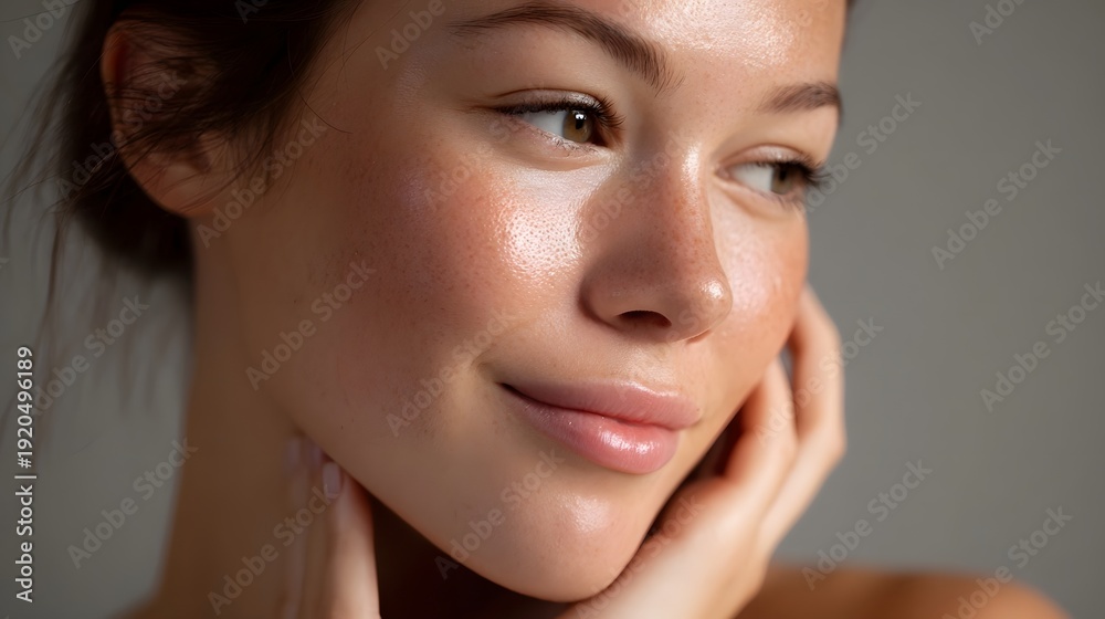 Obraz premium Close up of a woman s radiant healthy skin with a serene expression and gentle smile