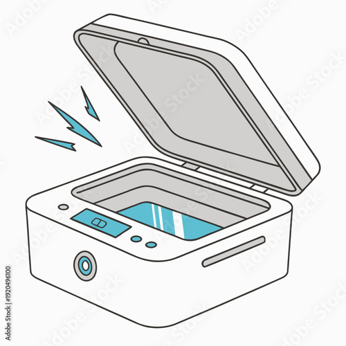 Isometric Outline Illustration of a Modern Ultrasonic Cleaner with Open Lid and Glowing Blue Light