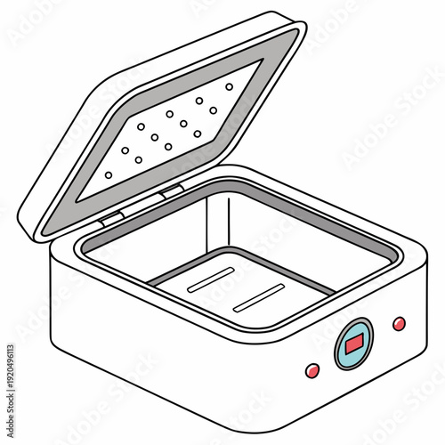 Isometric Outline Illustration of an Open Ultrasonic Cleaner Device with Red Control Buttons