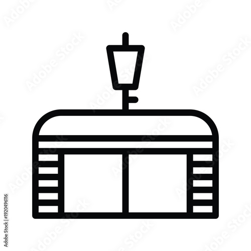 A minimalist black and white line drawing representing a cable car cabin with a light fixture on top. Aviation Single Line Icon.