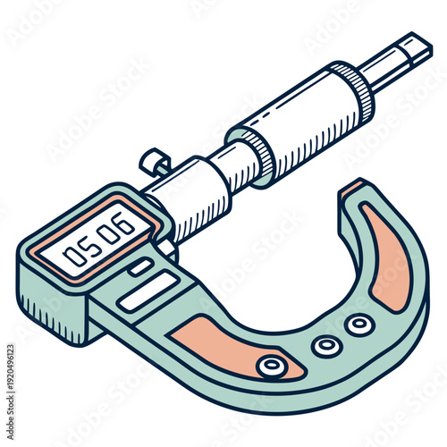 Isometric Outline Illustration of a Digital Micrometer with Precision Measurement Readout