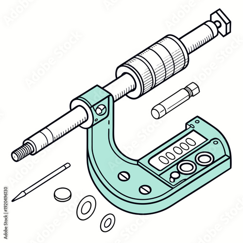 Isometric Outline Illustration of a Disassembled Digital Micrometer with Exploded View of Components