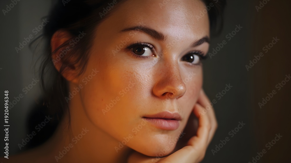 Naklejka premium Intimate close up portrait of a young woman with natural freckles bathed in dramatic warm low light