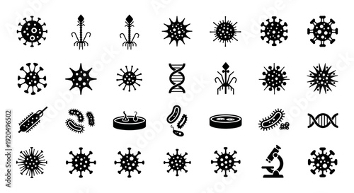 Microbiology Icons: Viruses, Bacteria, DNA, Microscope, Petri Dish, Phages