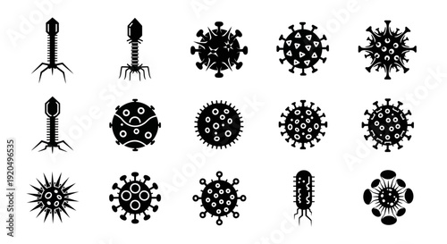Virus and Bacteriophage Icon Set in Black and White
