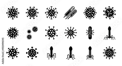 Virus and Bacteriophage Icon Set, Black Silhouette