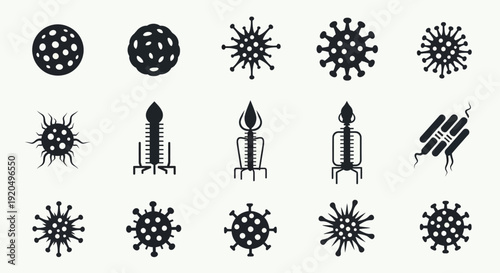 Virus and Bacteriophage Icons Set in Black and White