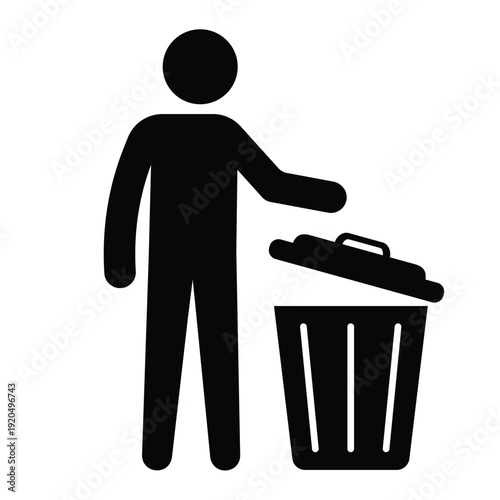 Black silhouette icon showing a person disposing of waste in a trash can with an open lid. Professional graphic for sanitation and housekeeping.